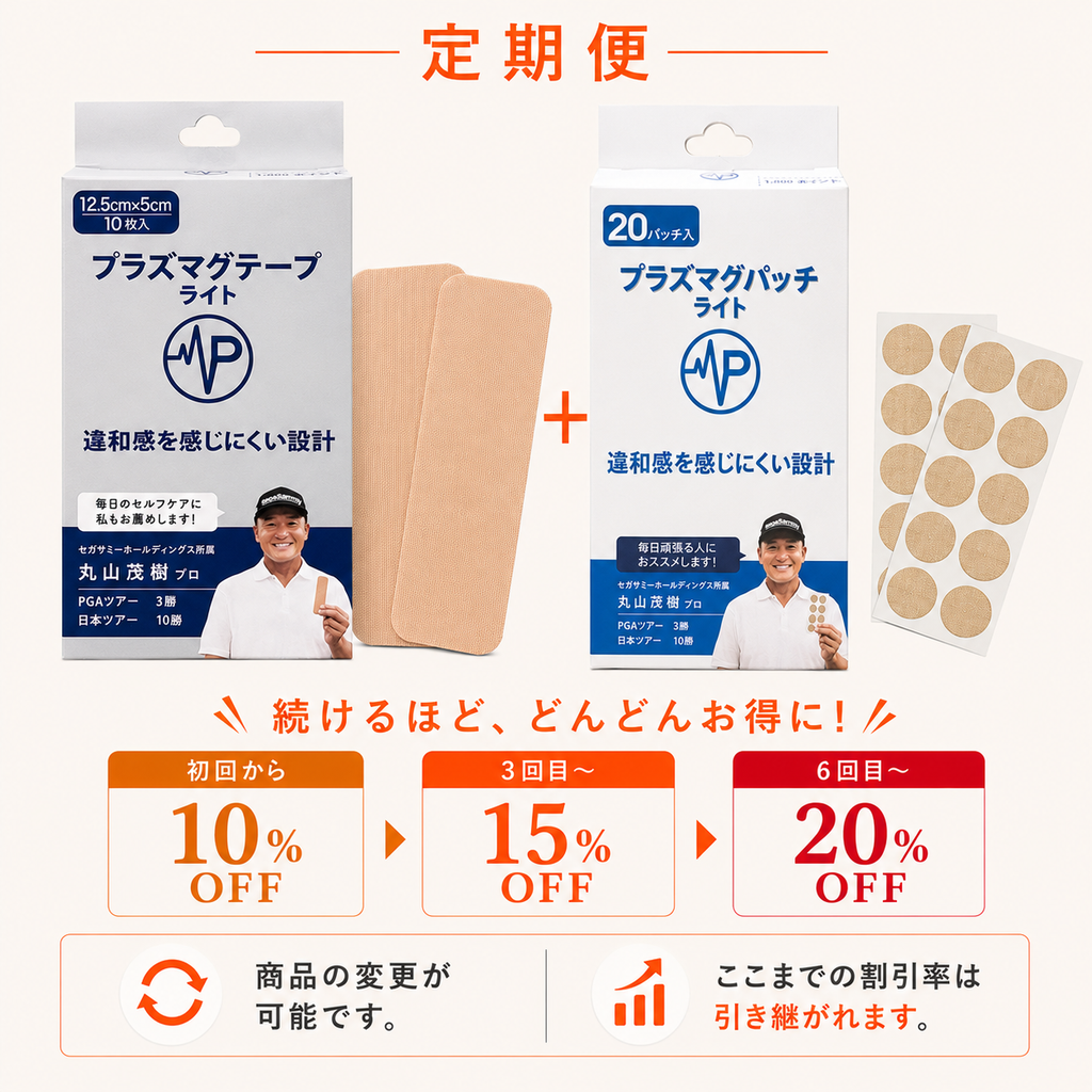 【定期便】プラズマグテープ ライト 12.5cm×5cm 10枚(1箱)＋プラズマグパッチ ライト 20パッチ(1箱)